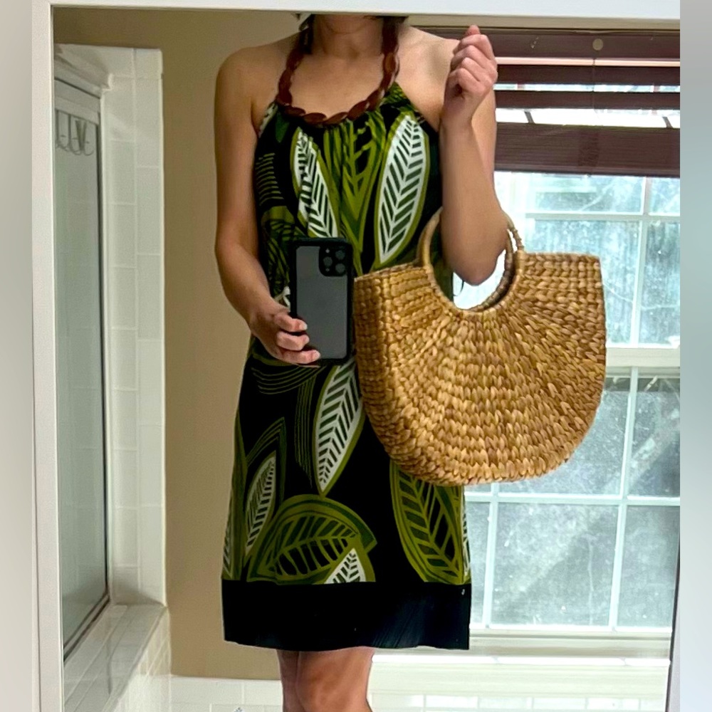 Flowy Vacation Dress with bold leaf pattern, wooden bead & fabric tie neck